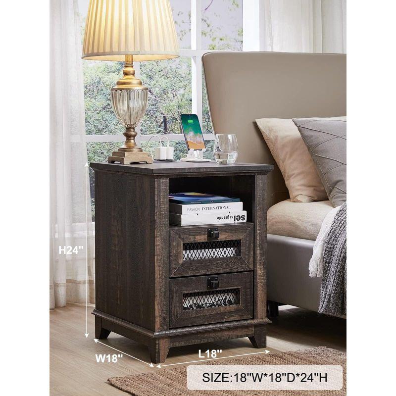 OKD 18'' Nightstand with Charging Station & 2 Drawers, Square End Table