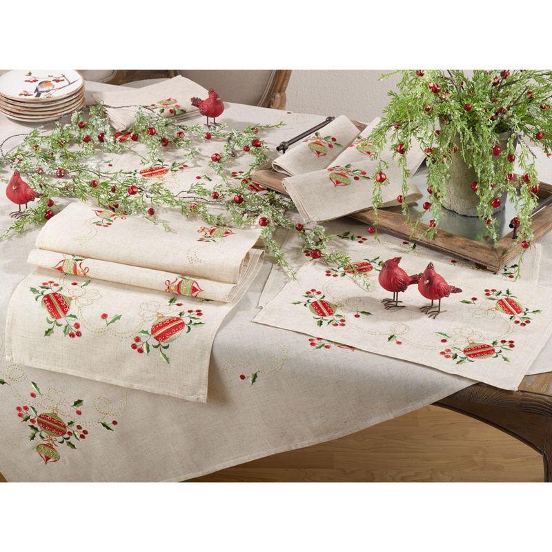 Embroidered Ornament Holly Design Linen Blend Holiday Napkins - Set of 4