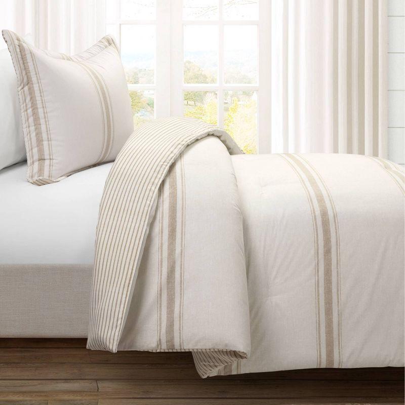 2pc Twin/Twin Extra Long Farmhouse Stripe Reversible Comforter & Sham Set Neutral - Lush Décor: Year-Round Plain Weave