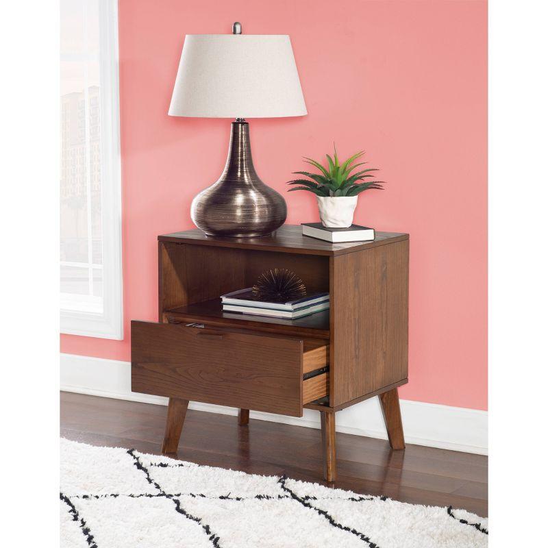 Reid Mid-Century Modern Wood 1 Drawer Nightstand Walnut - Linon: Bedside Table with Shelf & Storage