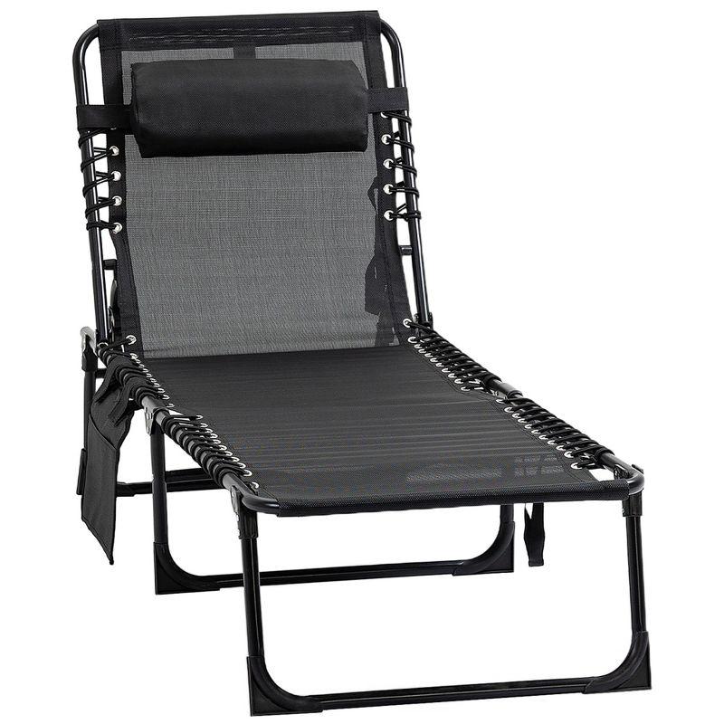 Outsunny Reclining Chaise Lounge Chair Portable Sun Lounger Folding Camping Cot w/ Adjustable Backrest Removable Pillow for Patio Garden Black