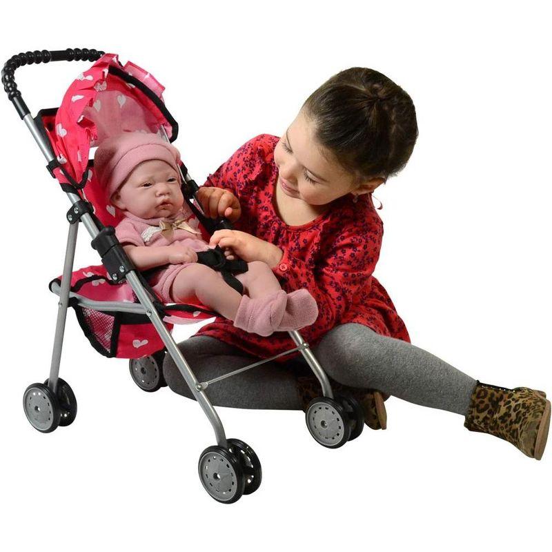 The New York Doll Collection Baby Doll Stroller - My First Toy Stroller for Kids Age 1+ Pink Heart Design