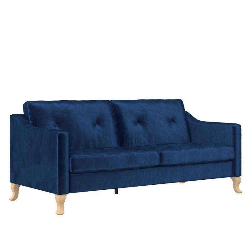 Luxe Blue Velvet Tufted Sofa with Sloped Arms and Wood Accents