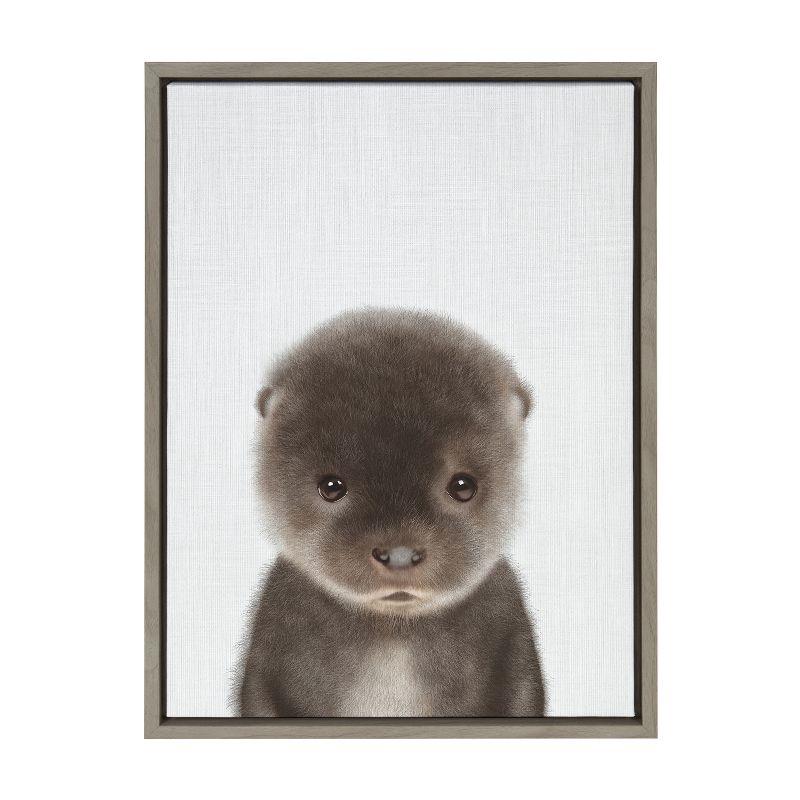 Kate and Laurel Sylvie Baby Otter Color Illustration Framed Canvas by Simon Te of Tai Prints, 18x24, Gray