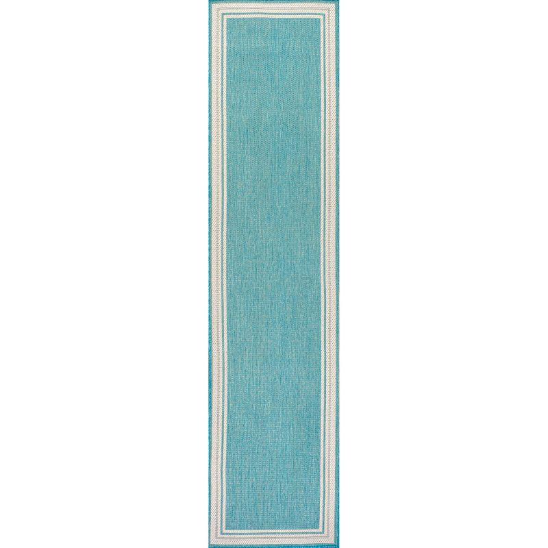 2' x 8' James Modern Border Stripe Indoor/Outdoor Runner Rug, Aqua/Beige - JONATHAN Y