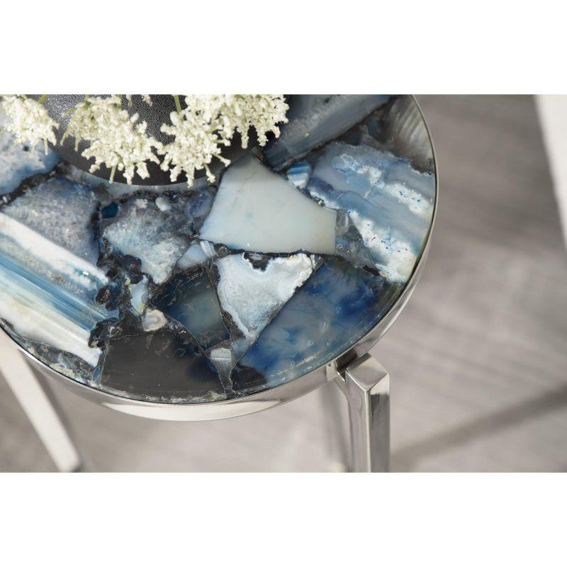 Aguilar Blue Agate Stone and Silver Metal Round Drink Table