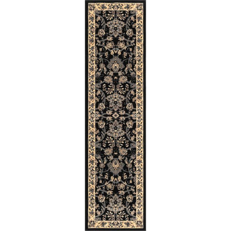 Black and Beige Floral Synthetic Runner Rug