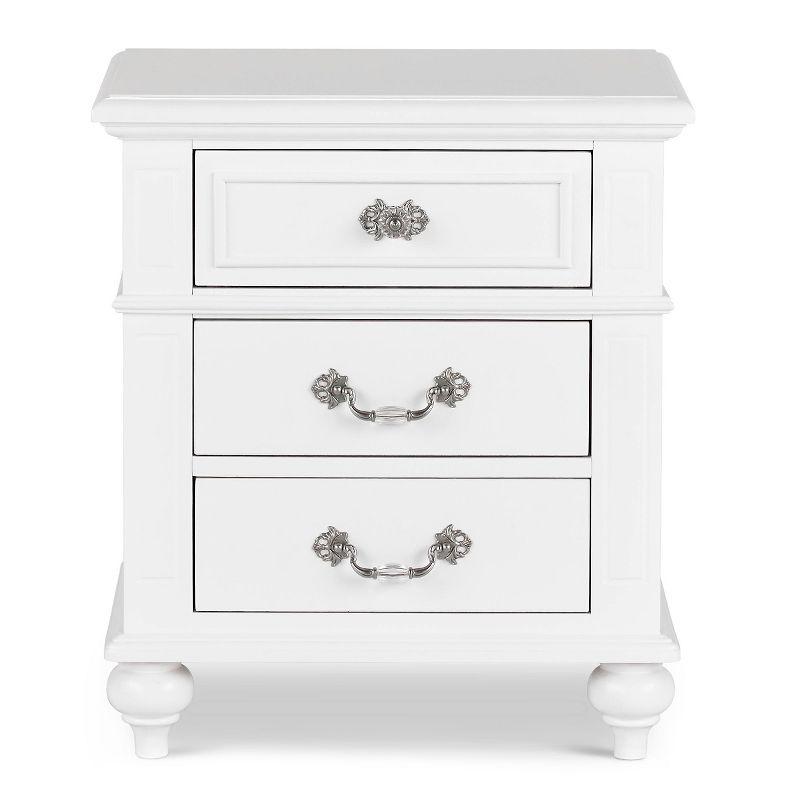 Charming French Country 3-Drawer White Nightstand with Crystal Knobs