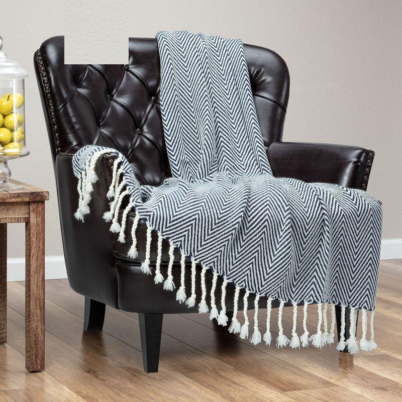 Navy and White Chevron Knitted Acrylic Throw Blanket with Tassels