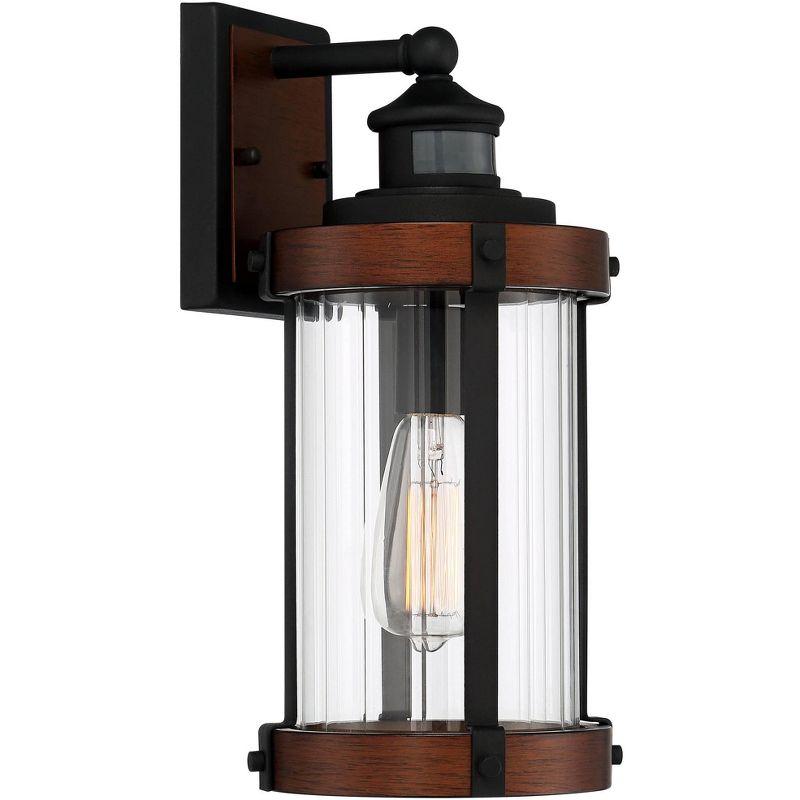 John Timberland Stan Industrial Outdoor Wall Light Fixture Dark Faux Wood Black Motion Sensor 15 1/2" Clear Glass for Post Exterior Barn Deck House