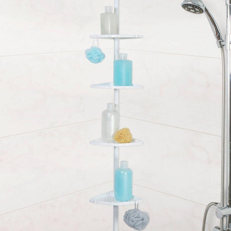 White Metal Tension Mount Shower Corner Shelf