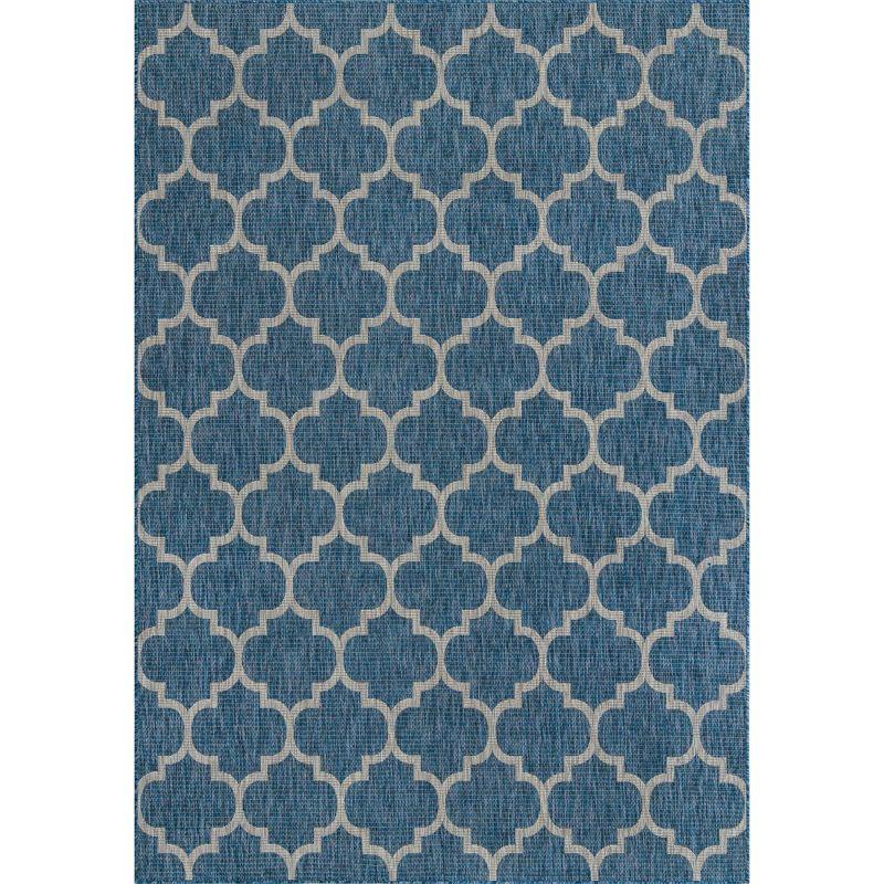 Navy Blue Synthetic Trellis Rectangular Outdoor Rug