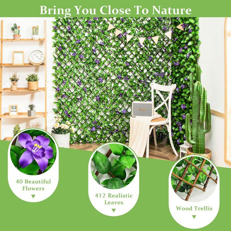 Tangkula 4PCS Expandable Fence Privacy Screen Decorative Faux Ivy Panel w/ Purple Flowers