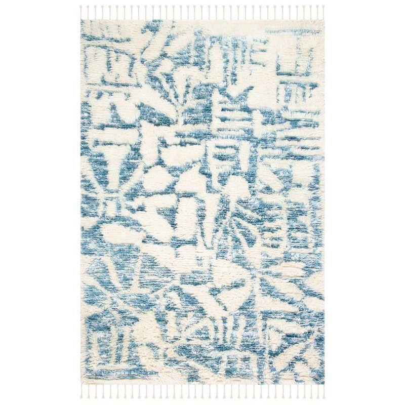 Ivory and Blue Hand-Knotted Wool Viscose 8' x 10' Rug