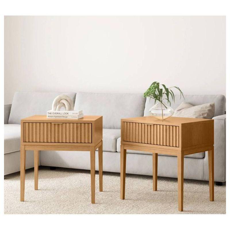 Natural Brown Fluted Wood Nightstand Set with Brass Handles