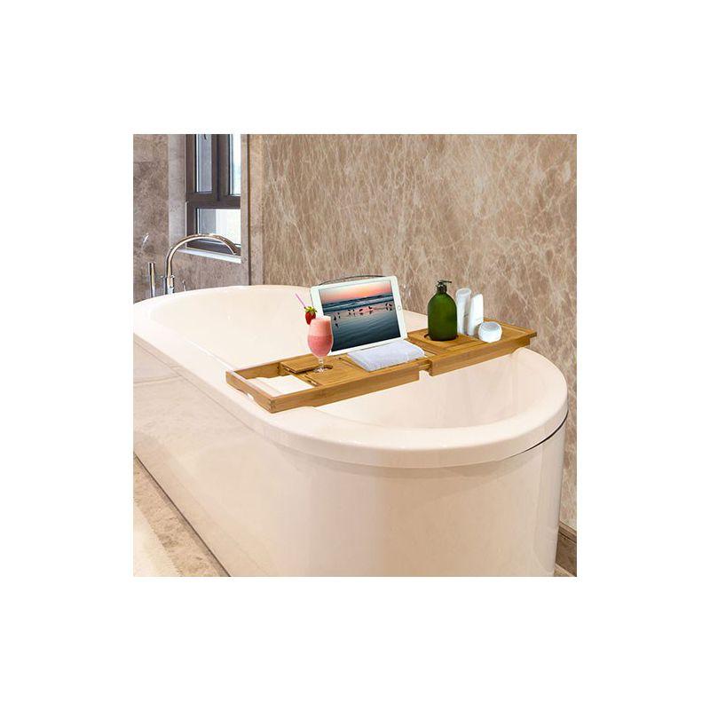 Extendable Natural Bamboo Bathtub Caddy Tray with Wine Holder