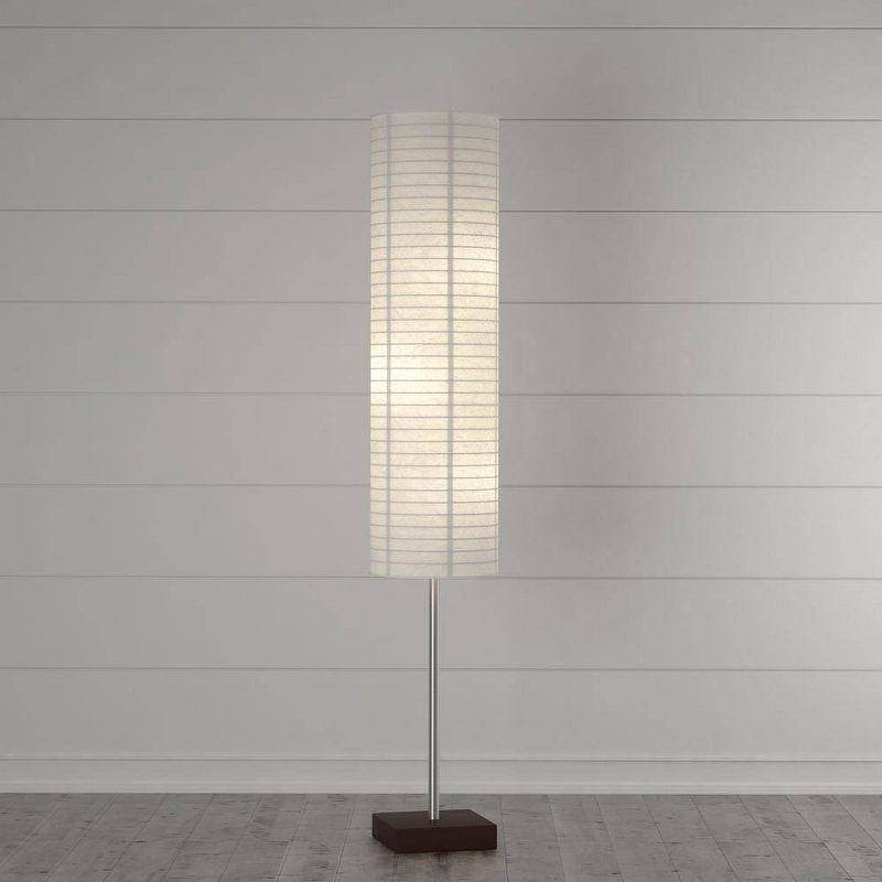 White Rice Paper and Steel Floor Lamp with Wooden Base