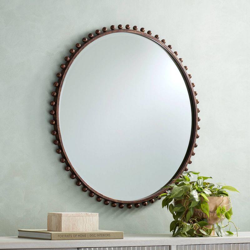 Uttermost Round Vanity Decorative Wall Mirror Rustic Beveled Glass Dark Bronze Beaded Iron Frame 32" Wide for Bathroom Living Room