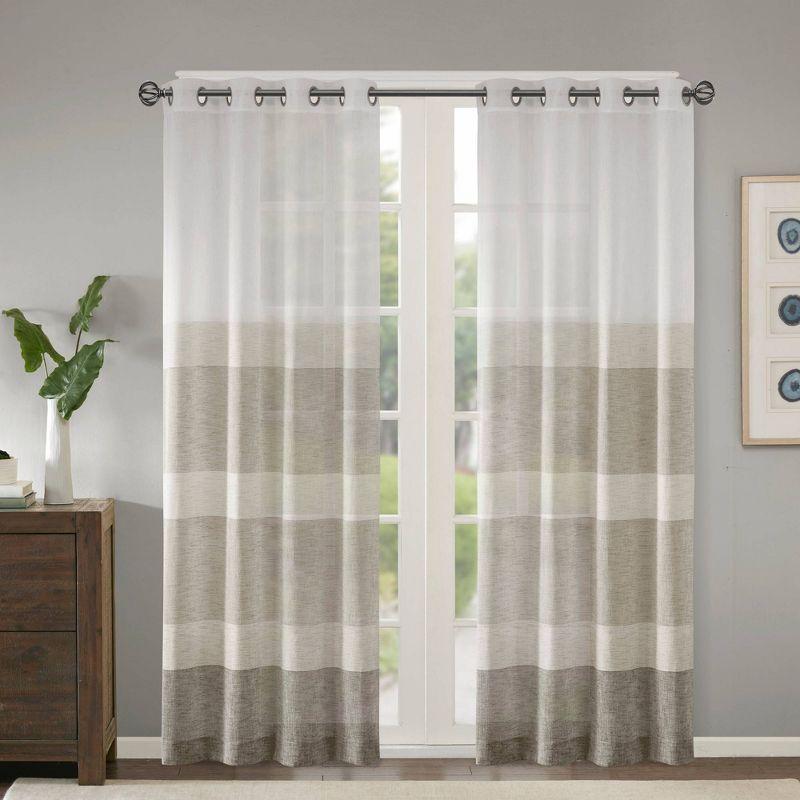 Neutral Faux Linen Striped Sheer Grommet Curtain Panel