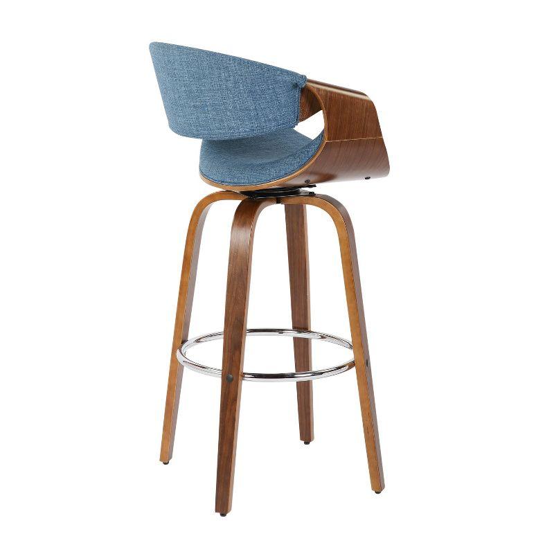 Mid-Century Blue Fabric Swivel Barstool with Walnut Wood Frame