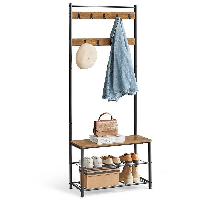 VASAGLE Hall Tree Entryway Coat Rack with Shoe Bench Rustic Walnut and Black