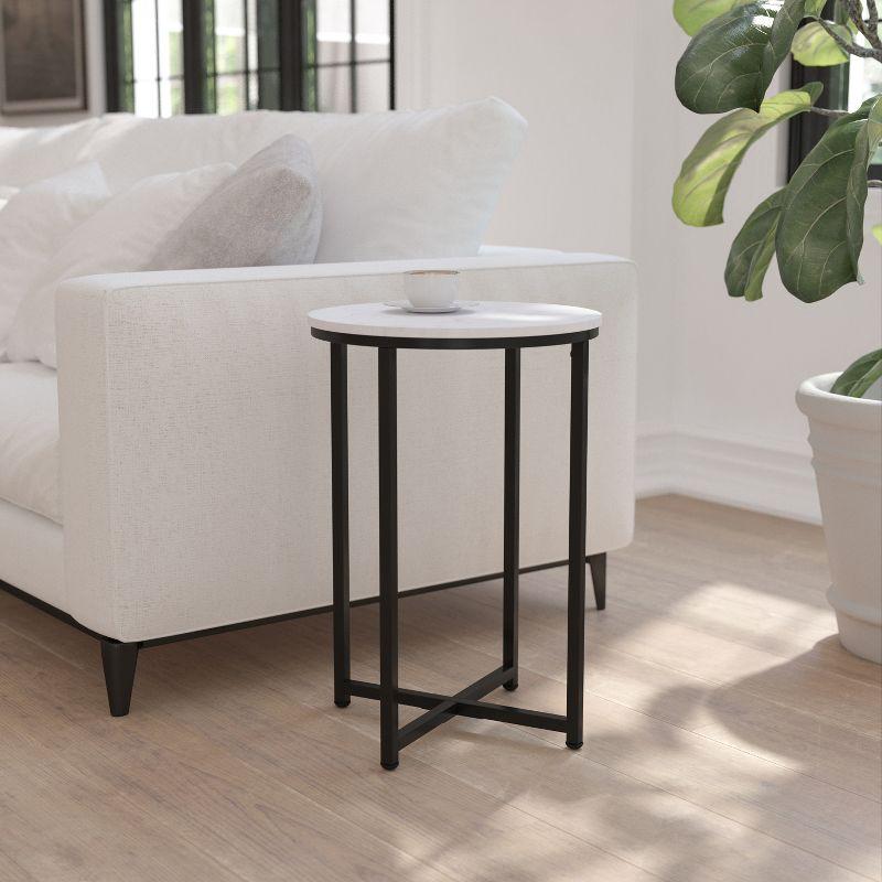 Modern Marbled White and Matte Black Round Metal End Table