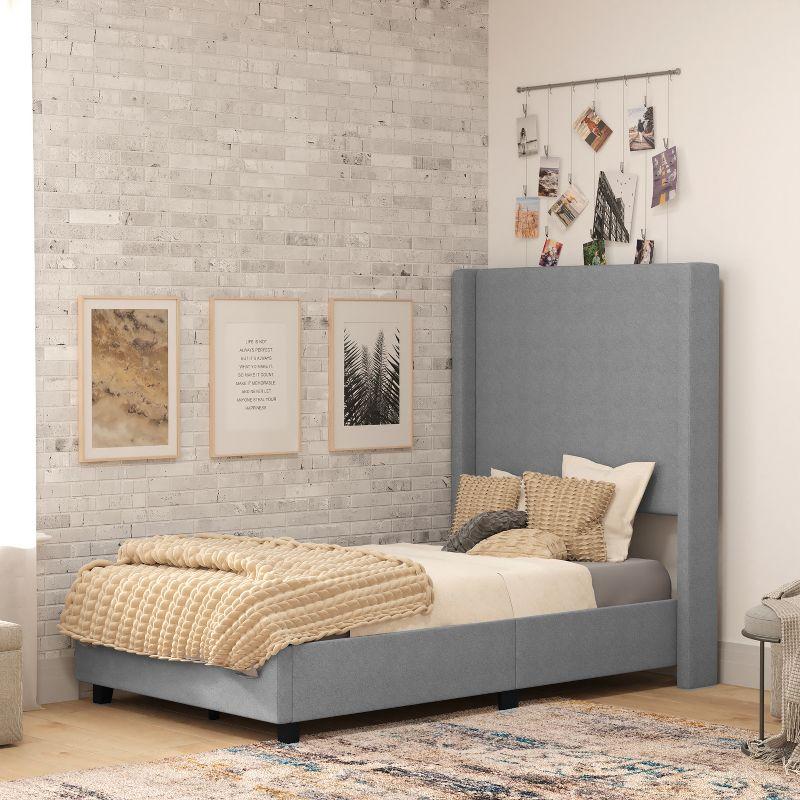 Quinn Twin Gray Linen Upholstered Platform Bed with Wingback Headboard