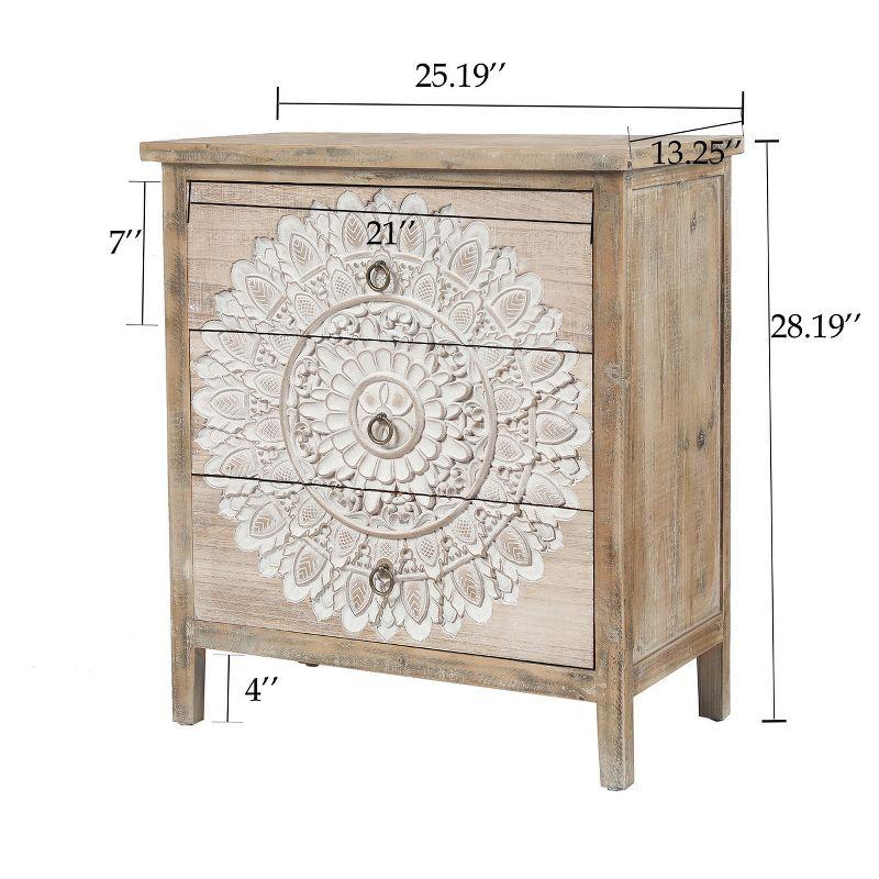 Whitewashed Carved Medallion 3-Drawer Accent Chest in Natural Wood