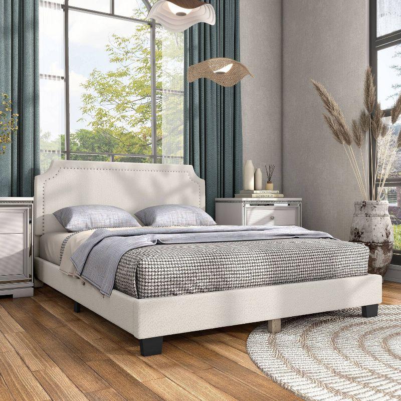 24/7 Shop At Home Queen Heartwild Modern Boucle Upholstered Nailhead Trim Platform Bed White: Polyester, Wood Frame, No Box Spring Needed