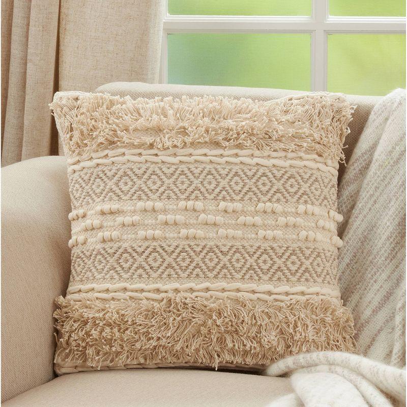 18"x18" Poly-Filled Corded Moroccan Design Square Throw Pillow Natural - Saro Lifestyle