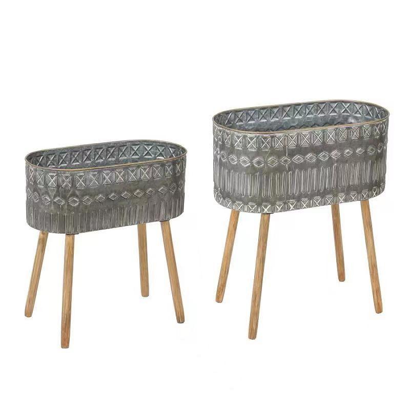 Aztec Gray Metal Cachepot Planters with Wood Legs, Set of 2