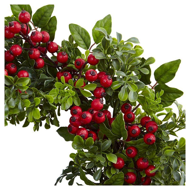 Nearly Natural Berry Boxwood Wreath 24": Faux Polyester & Plastic, Indoor Wall Decor, Unlit Winter Theme