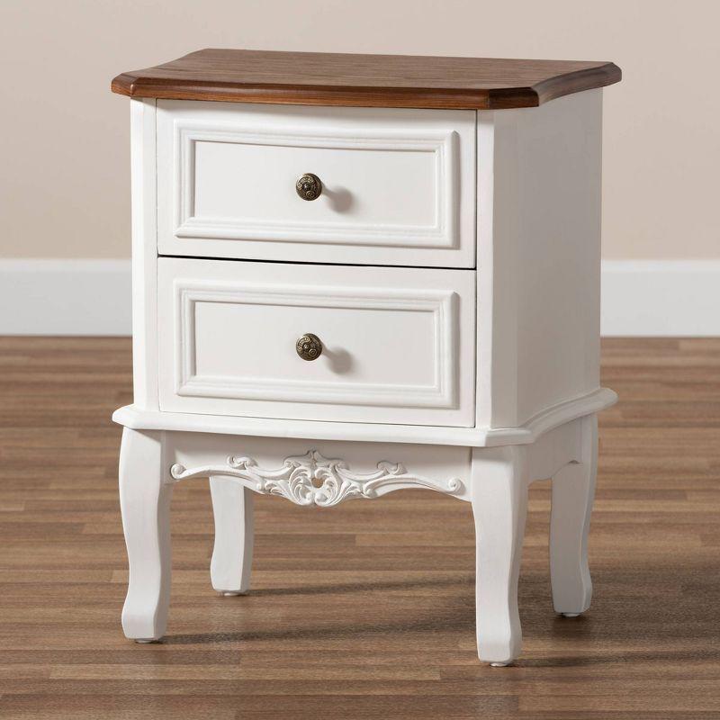 2 Drawer Darlene Wood Nightstand White/Cherry Brown - Baxton Studio: Traditional Style, Carved Knobs, Storage