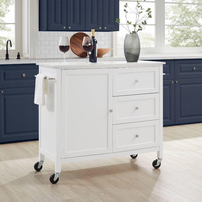 Crosley Soren Stone Top Kitchen Island/Cart White: Rolling Cart with Storage, 2 Shelves, 3 Drawers, Traditional Style