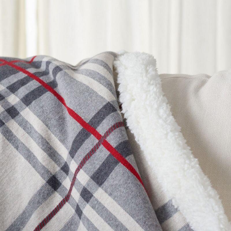 Classic Grey and Red Plaid Cotton Sherpa Throw Blanket - 50" x 60"