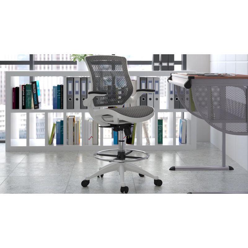 Emma and Oliver Gray Mid-Back Mesh Drafting Chair with White Frame and Flip-Up Arms