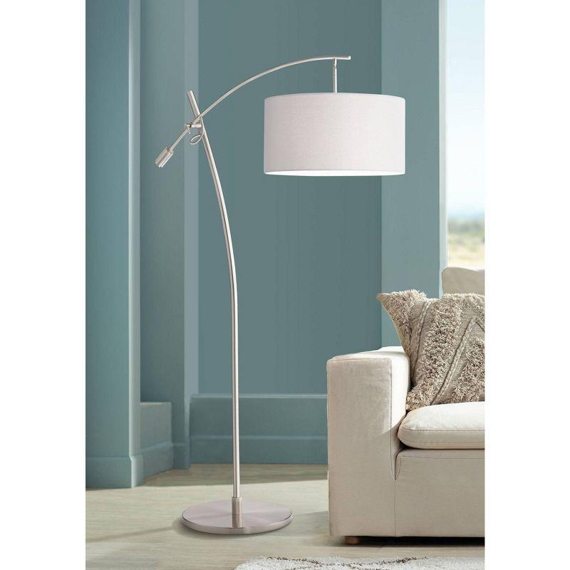 Possini Euro Design Modern Arc Floor Lamp 69" Tall Brushed Steel Adjustable Boom Off White Linen Drum Shade for Living Room Reading Office