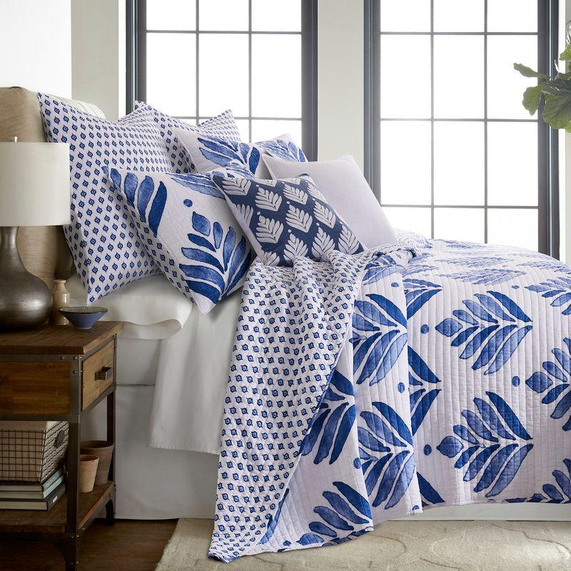 King White Cotton Reversible Quilt Set with Blue Floral Design