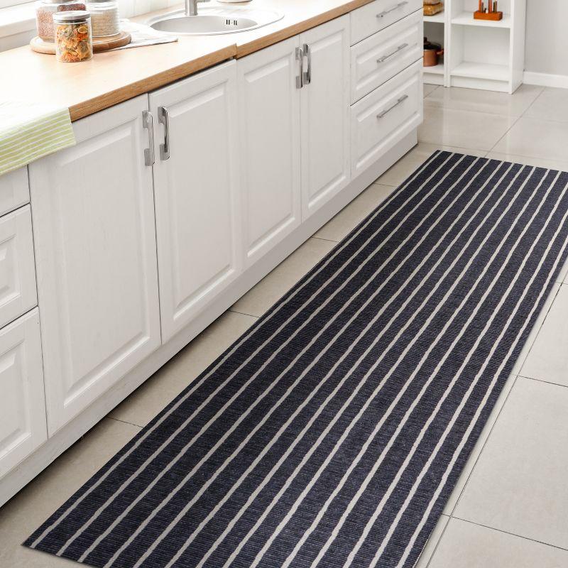 2' x 8' Rand Distressed Ticking Stripe Machine-Washable Runner Rug, Navy/Ivory - JONATHAN Y