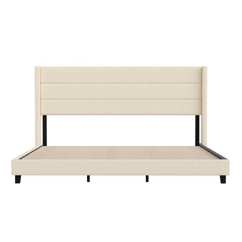 Taylor & Logan King 47" High Hilton Platform Bed Beige: Wingback Headboard, Faux Linen, Foam Padding, Wooden Slat Support