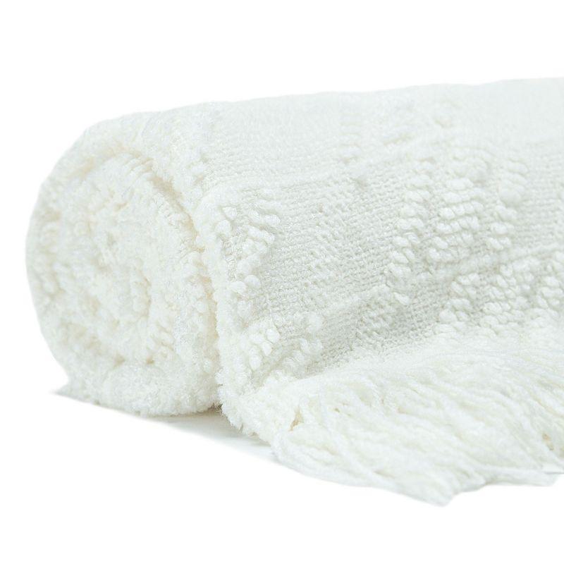 Chanasya Bevel Acrylic Knit Boho Throw Blanket With Tassels - (50x65 Inches) White Cloud