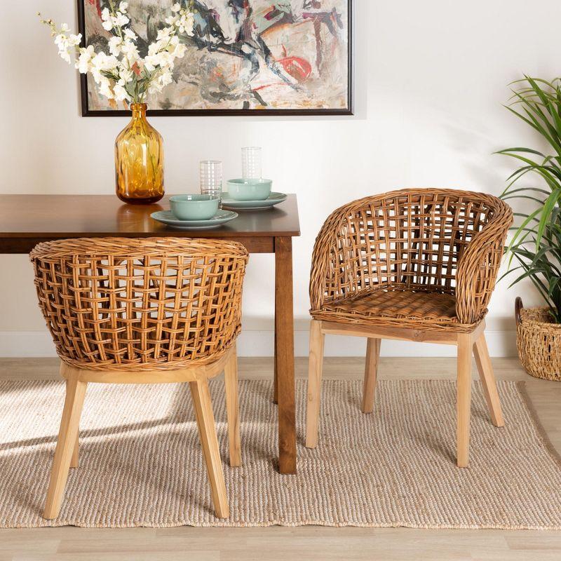 Natural Brown Teak Wood and Rattan 2-Piece Dining Chair Set