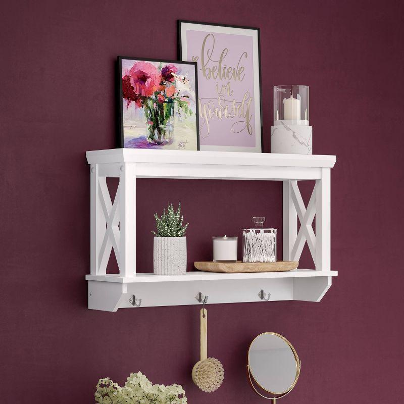 La Crosse White Contemporary 3-Hook Wall Shelf with Open Shelves