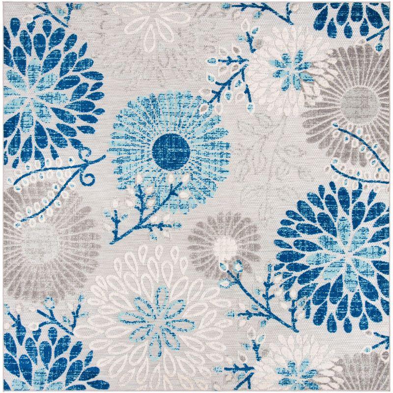 Grey and Blue Floral Synthetic 59" Square Easy-Care Rug