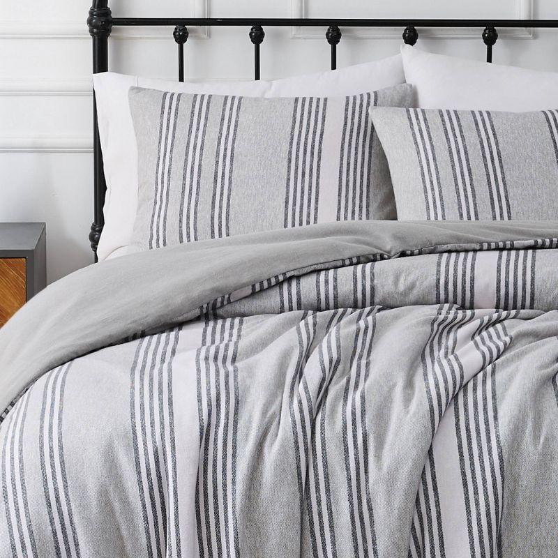 Kiel Stripe Gray Cotton Flannel Full/Queen Duvet Cover Set