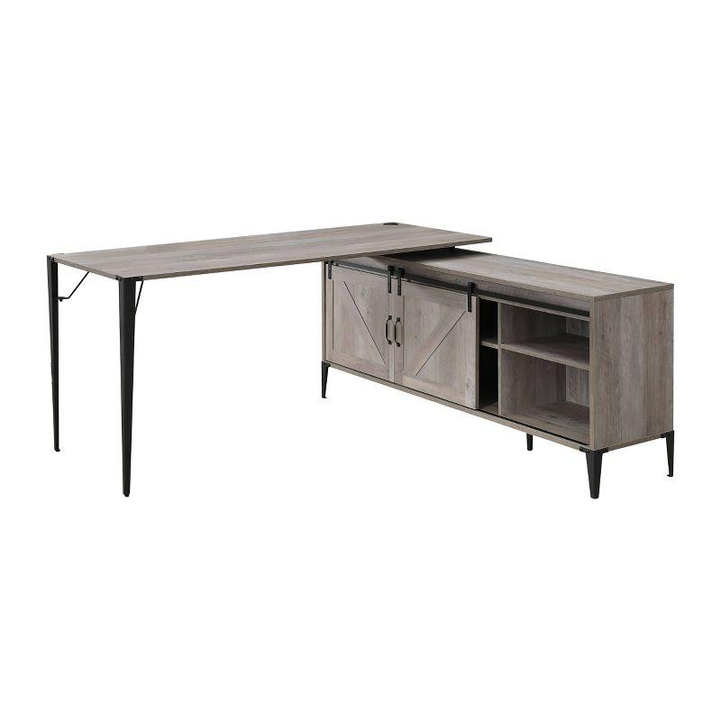 Gray Oak L-Shaped Desk with Sliding Barn Doors