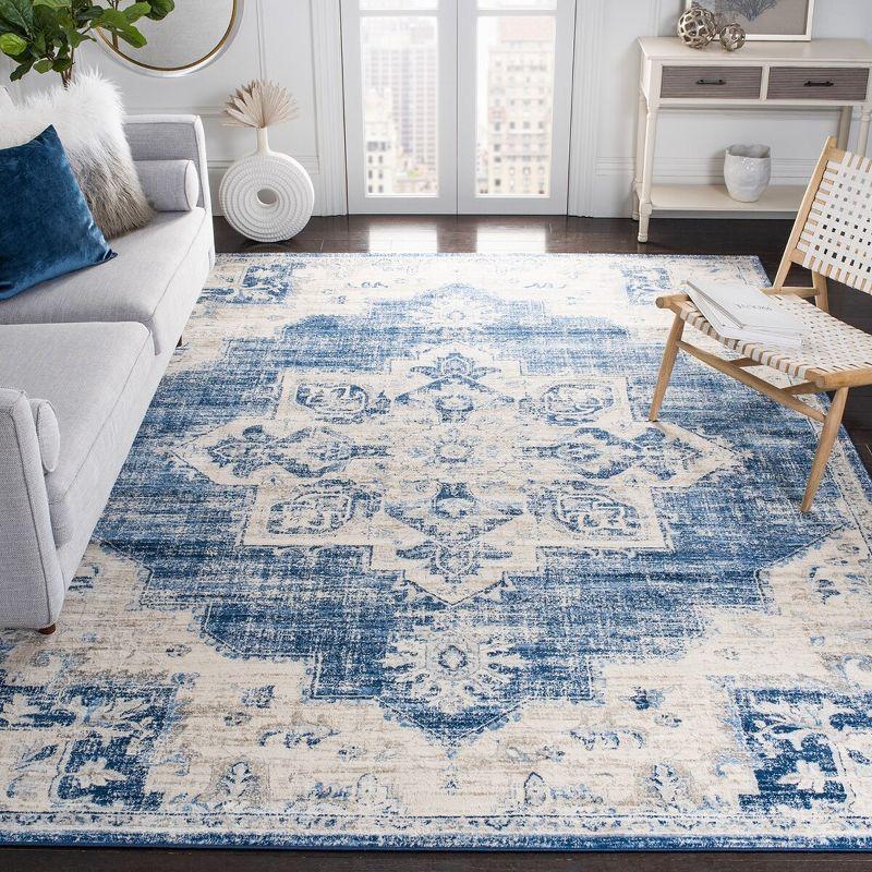 Ivory and Navy Synthetic Hand-Knotted Square Area Rug