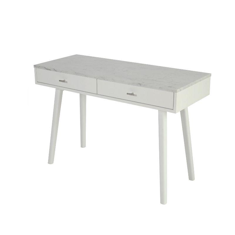 The Bianco Collection Viola 44" Rectangular Italian Carrara White Marble Writing Desk with White Legs