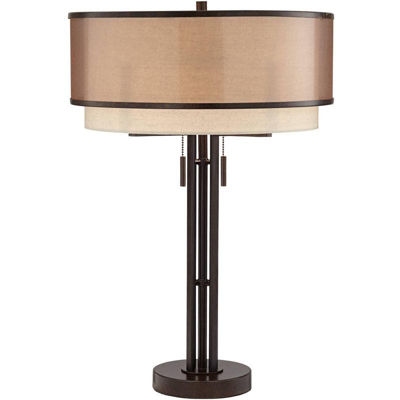 Franklin Iron Works Andes Modern Industrial Table Lamp 27 1/2" Tall Oil Rubbed Bronze Metal Stacked Double Fabric Drum Shade for Bedroom Living Room