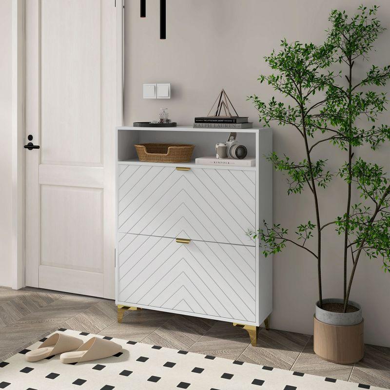 White Chevron Shoe Cabinet with Gold Accents and Adjustable Shelves